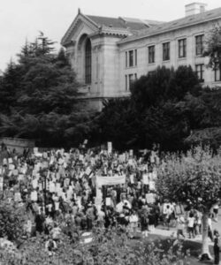 Black and white image shows a march of faculty, staff, and students at UC Berkeley during UC-AFT's strike in 2003.