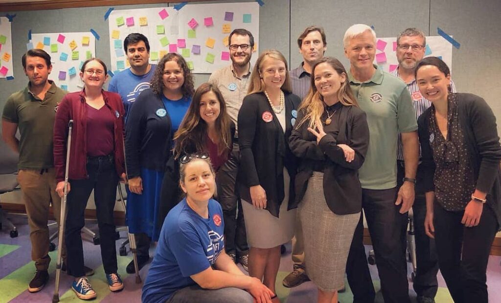 Members of the Unit 19 Bargaining team posing during a session at UC Riverside in 2019.