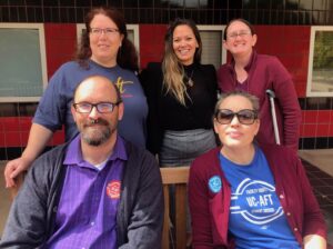 Members of the UC Riverside chapter in 2019. Two are wearing UC-AFT t-shirts, one new, one vintage.