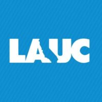 blue background, white text reads "LAUC" bisected by a silhouette of the state of california