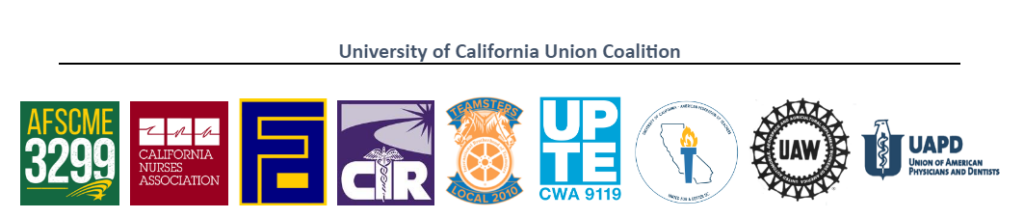 banner image displaying the logos of CNA, AFSCME 3299, SEIU-CIR, the Faculty Association, Teamsters 2010, UPTE, UC-AFT, UAW 4811, and UAPD