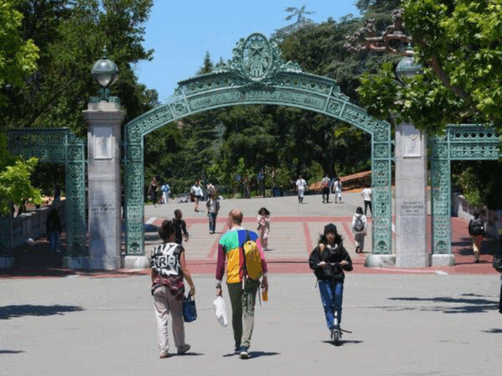 students strolling through the iconic gate to UC Berkeley campus